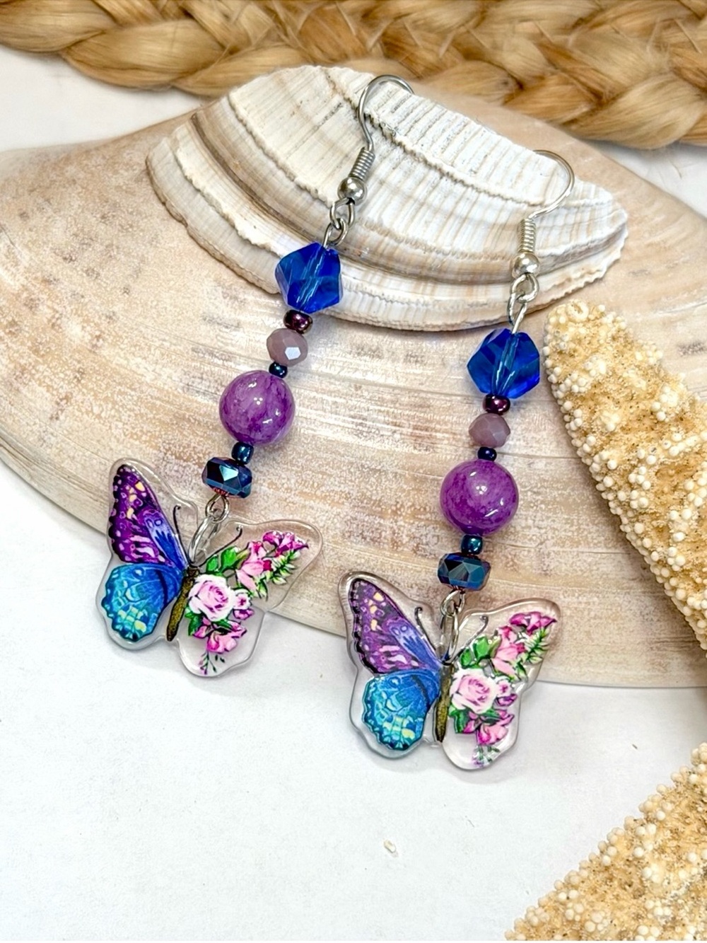 Purple & Blue Stone & Crystal Floral Butterfly Beaded Earrings